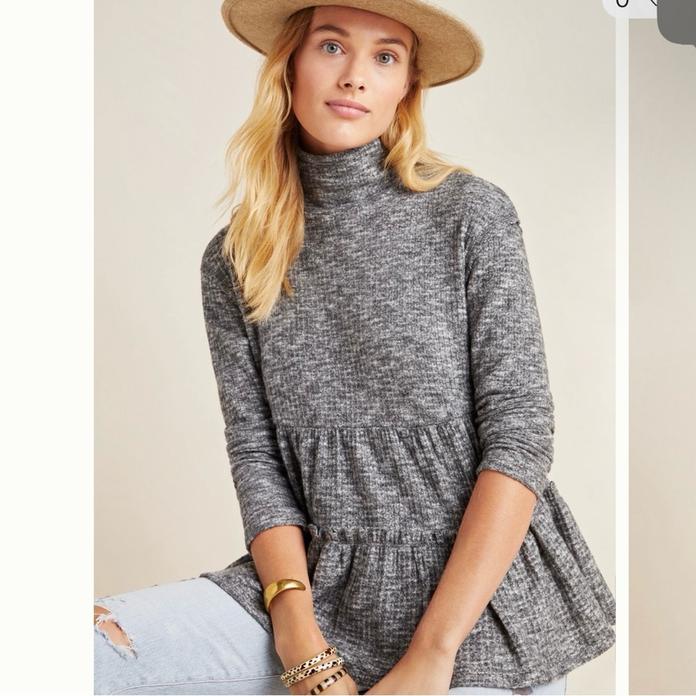 Anthropologie Heathered Gray Turtleneck Peplum Pullover